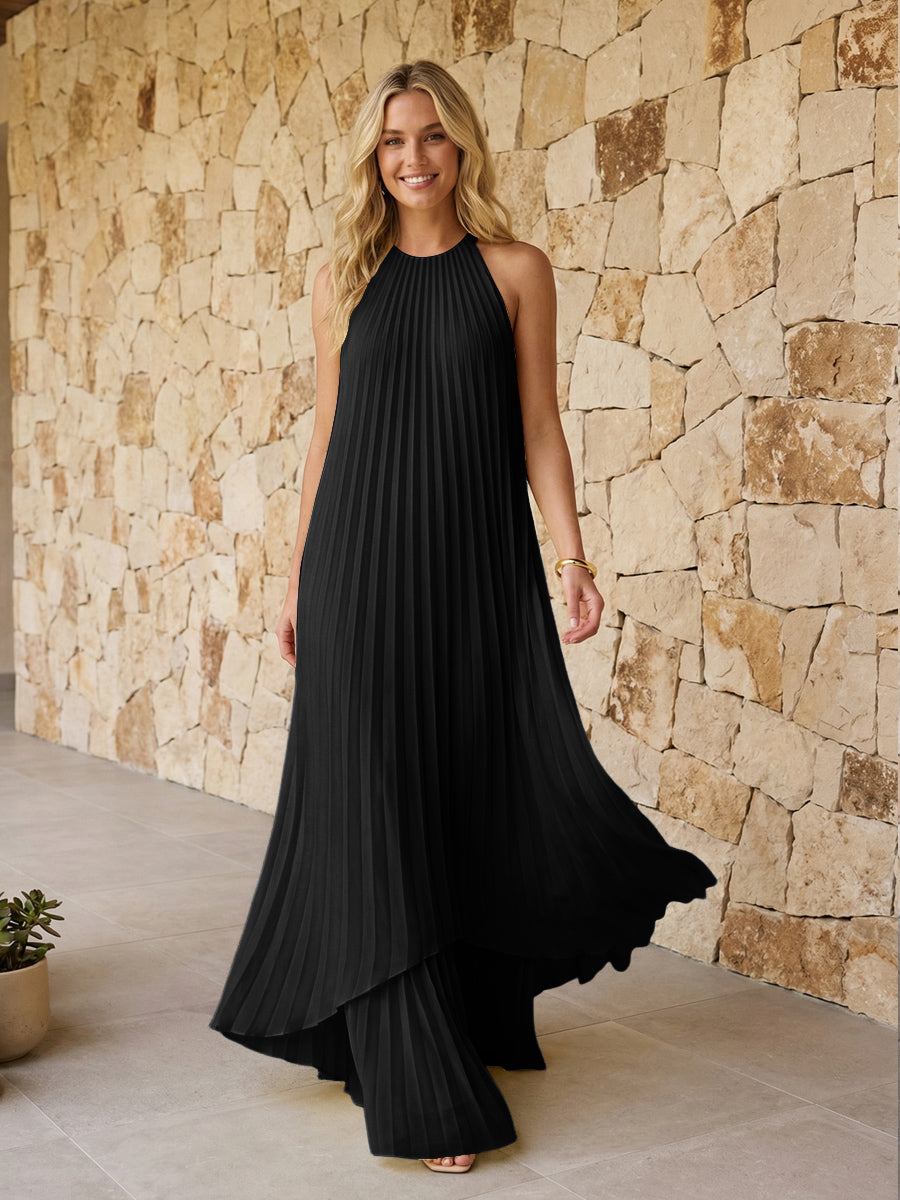 Halter Pleated Chiffon Formal Dresses A Line Maxi Dresses