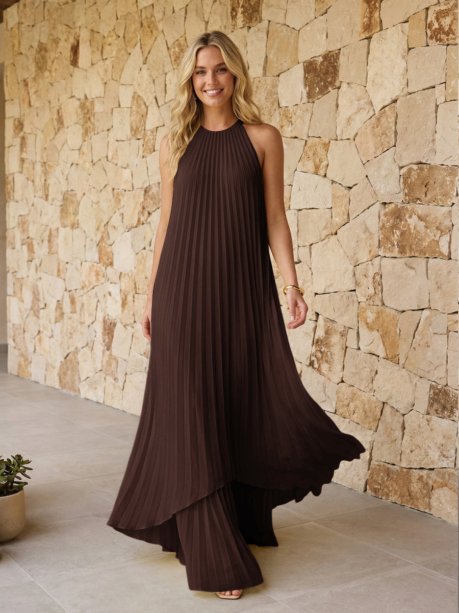 Halter Pleated Chiffon Formal Dresses A Line Maxi Dresses