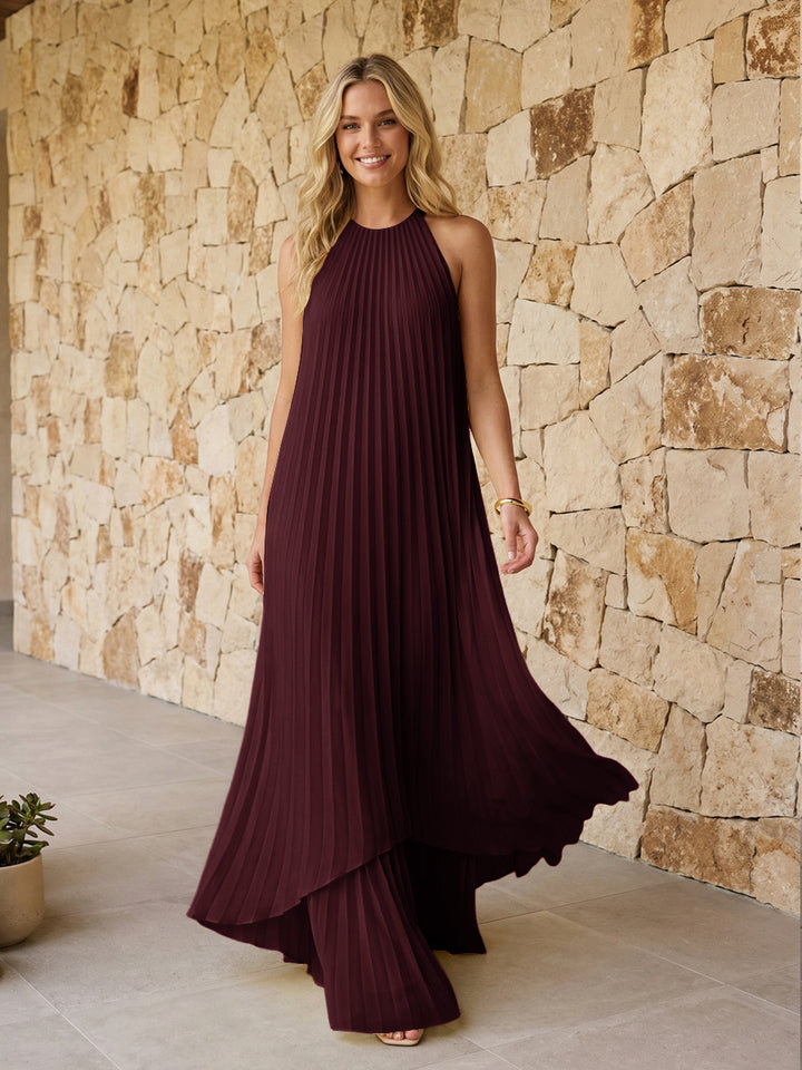 Halter Pleated Chiffon Formal Dresses A Line Maxi Dresses