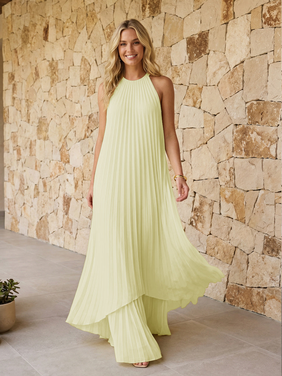 Halter Pleated Chiffon Formal Dresses A Line Maxi Dresses