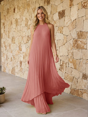 Halter Pleated Chiffon Bridesmaid Dresses A Line Maxi Dresses