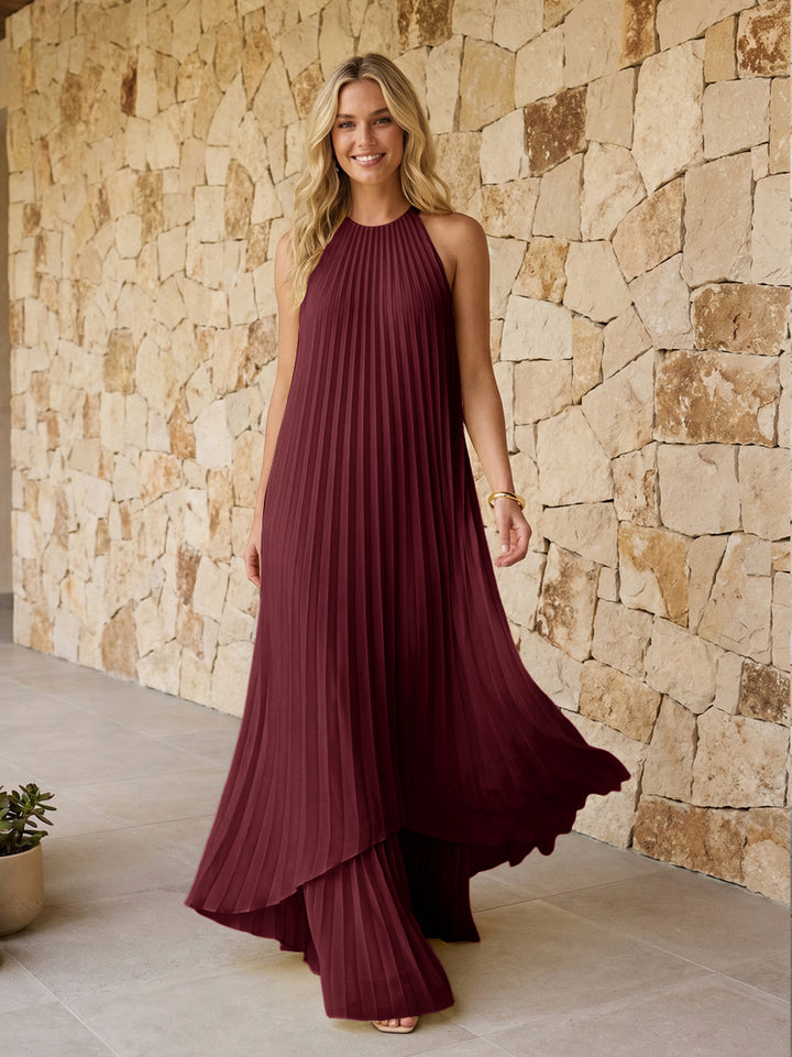 Halter Pleated Chiffon Formal Dresses A Line Maxi Dresses