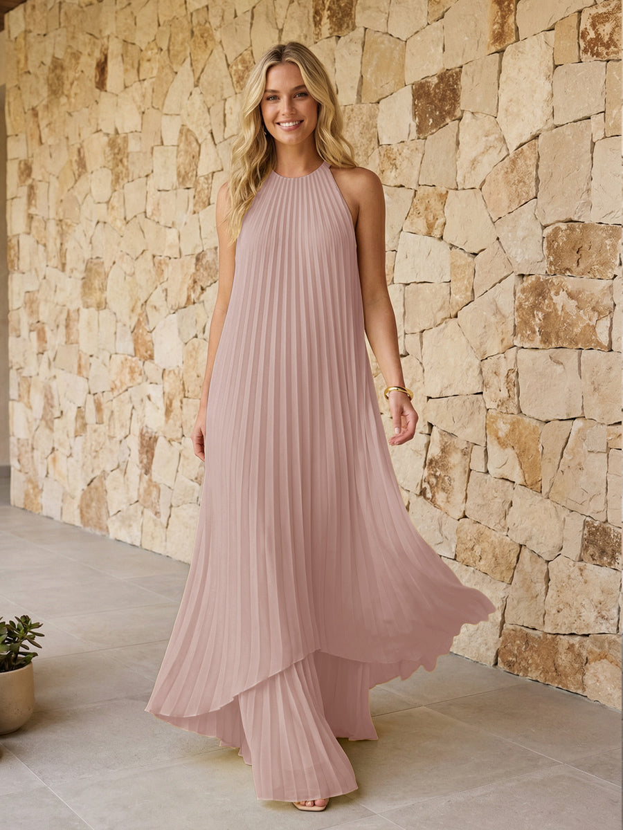 Halter Pleated Chiffon Formal Dresses A Line Maxi Dresses