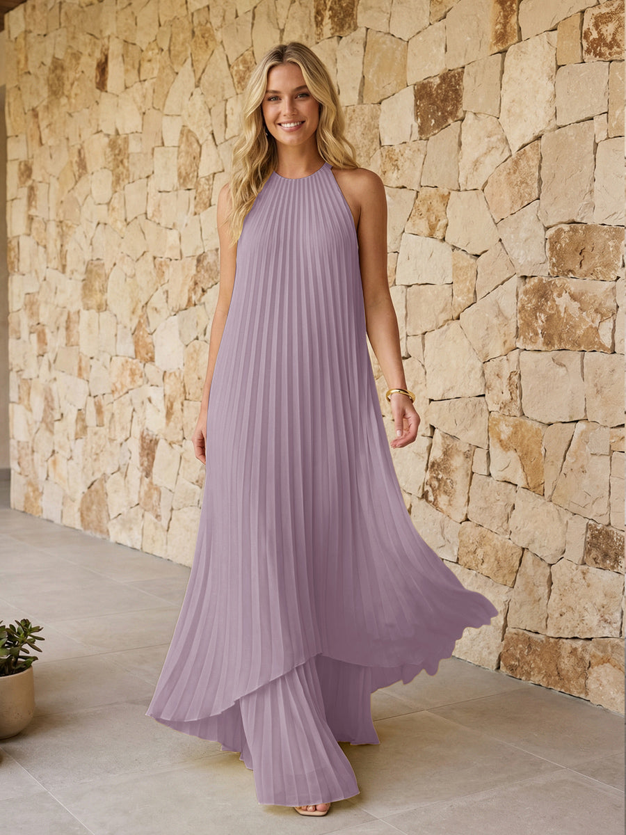 Halter Pleated Chiffon Formal Dresses A Line Maxi Dresses