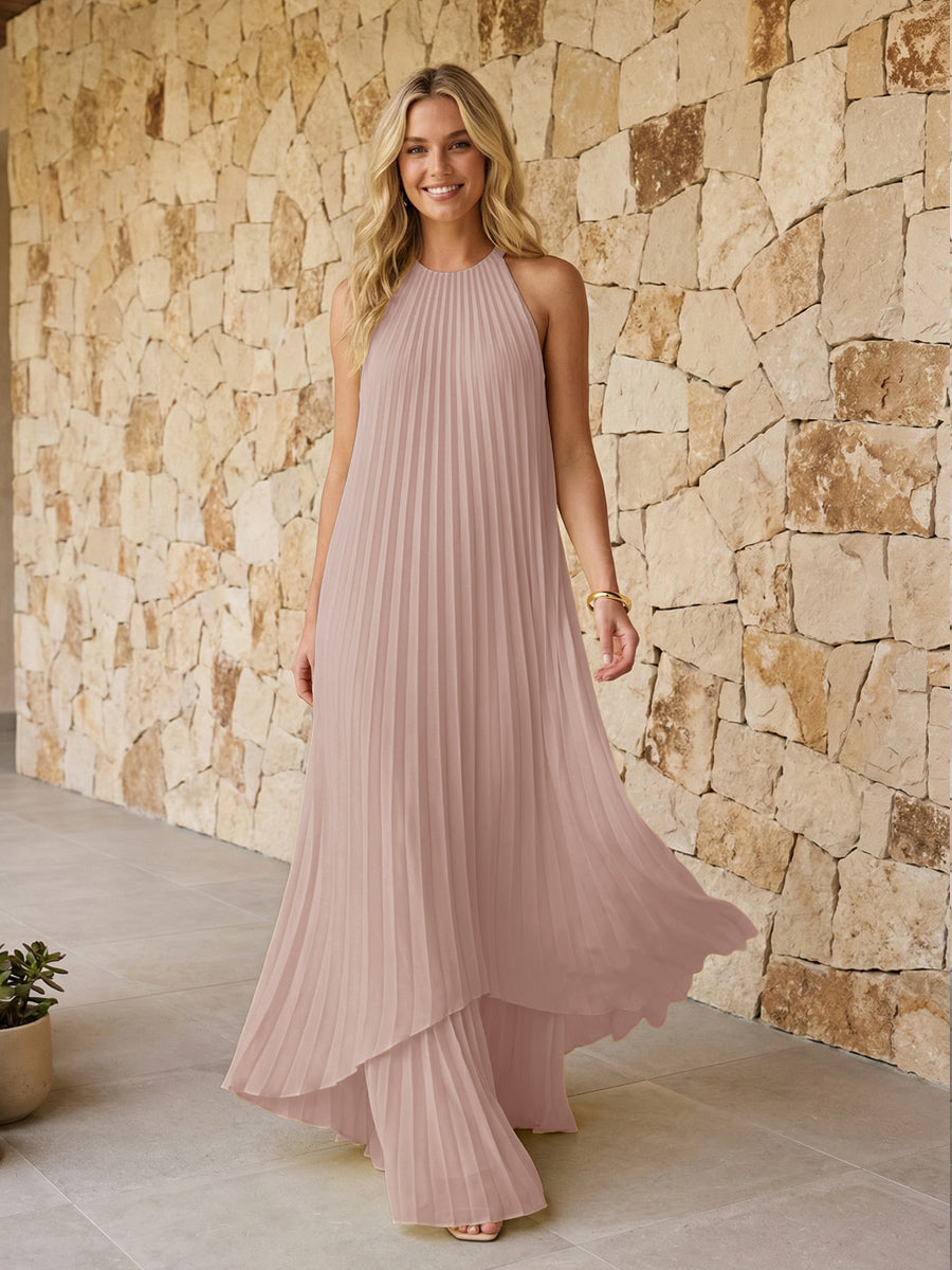 Halter Pleated Chiffon Formal Dresses A Line Maxi Dresses