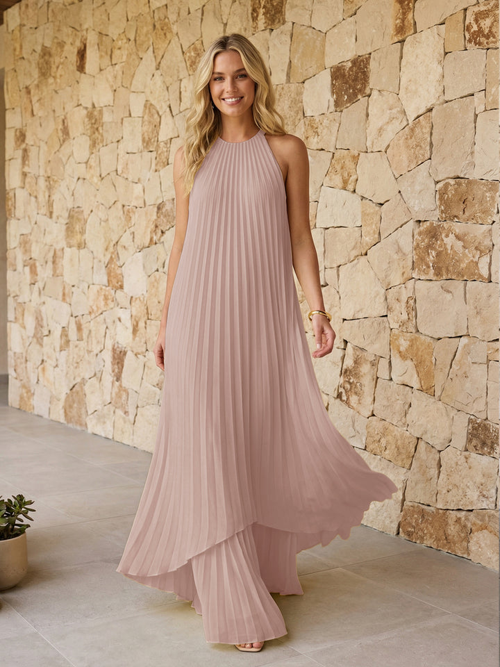 Halter Pleated Chiffon Formal Dresses A Line Maxi Dresses