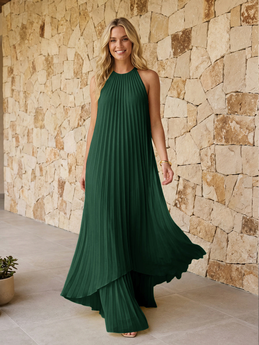 Halter Pleated Chiffon Formal Dresses A Line Maxi Dresses
