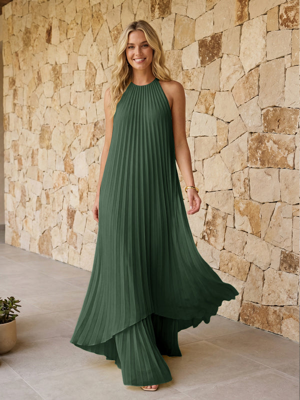 Halter Pleated Chiffon Bridesmaid Dresses A Line Maxi Dresses