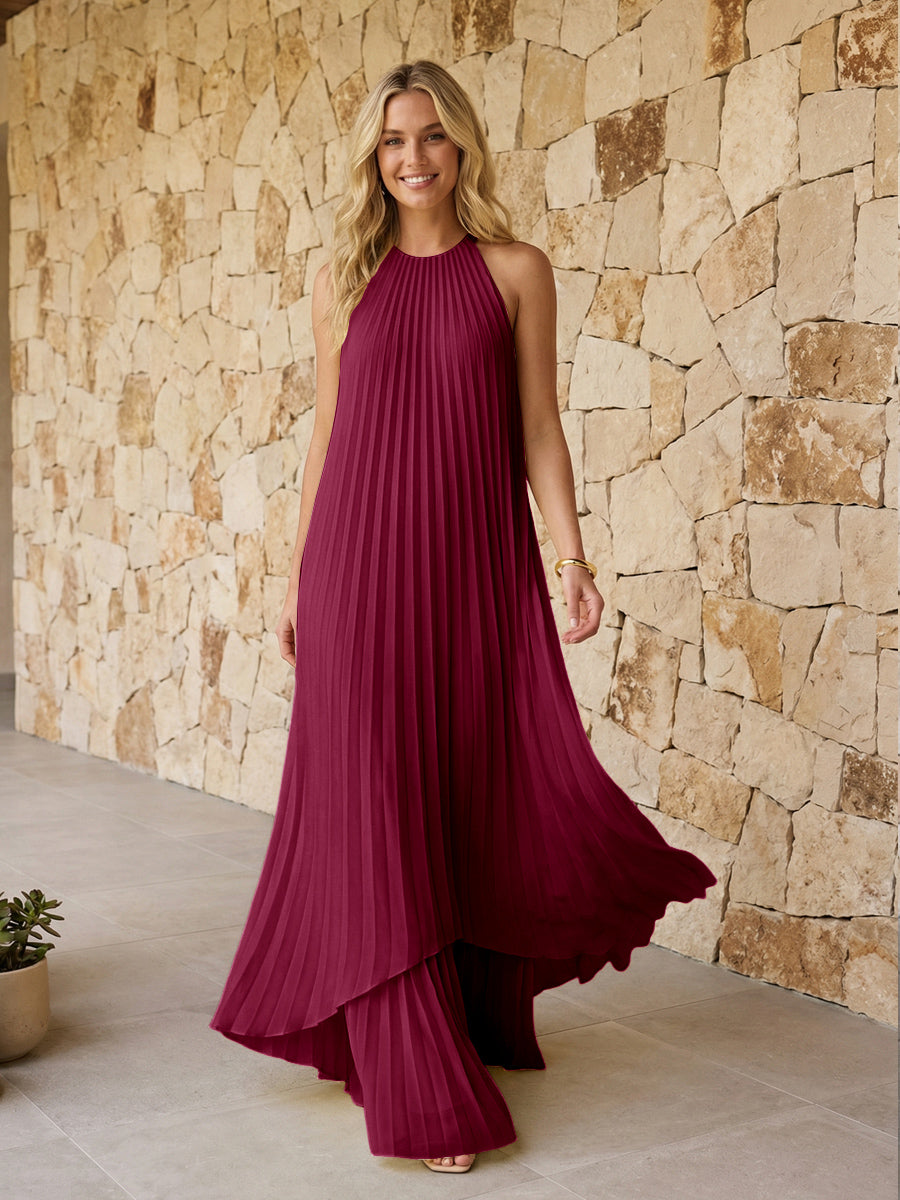 Halter Pleated Chiffon Formal Dresses A Line Maxi Dresses