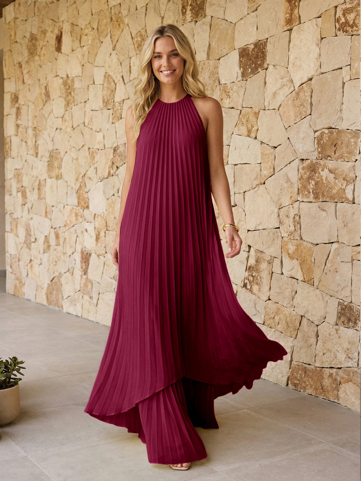 Halter Pleated Chiffon Formal Dresses A Line Maxi Dresses