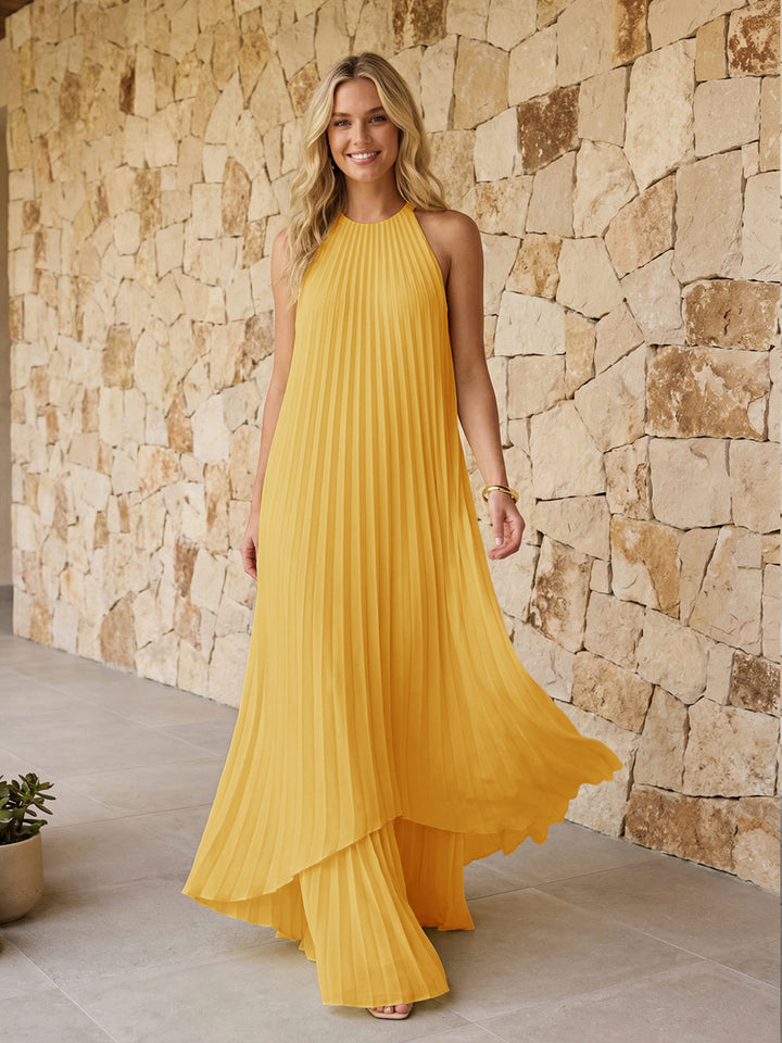Halter Pleated Chiffon Formal Dresses A Line Maxi Dresses