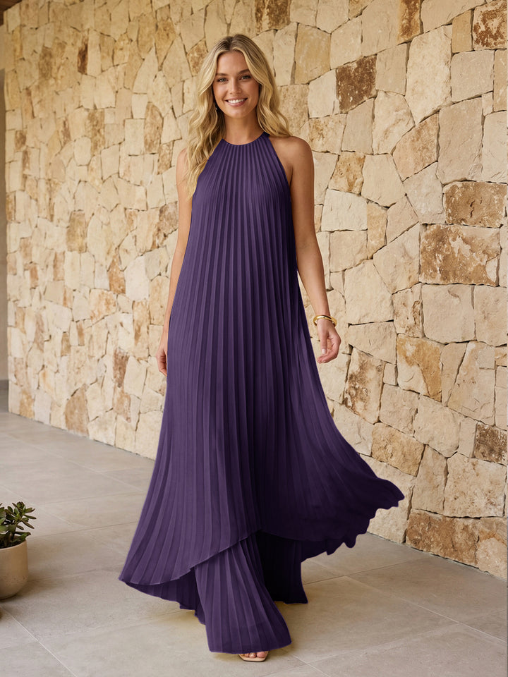 Halter Pleated Chiffon Formal Dresses A Line Maxi Dresses