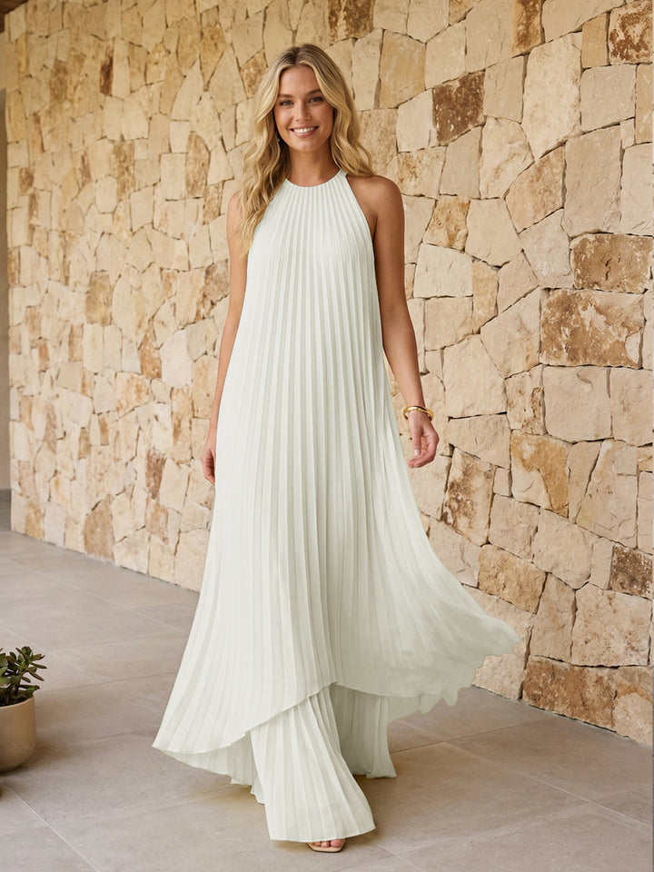 Halter Pleated Chiffon Formal Dresses A Line Maxi Dresses