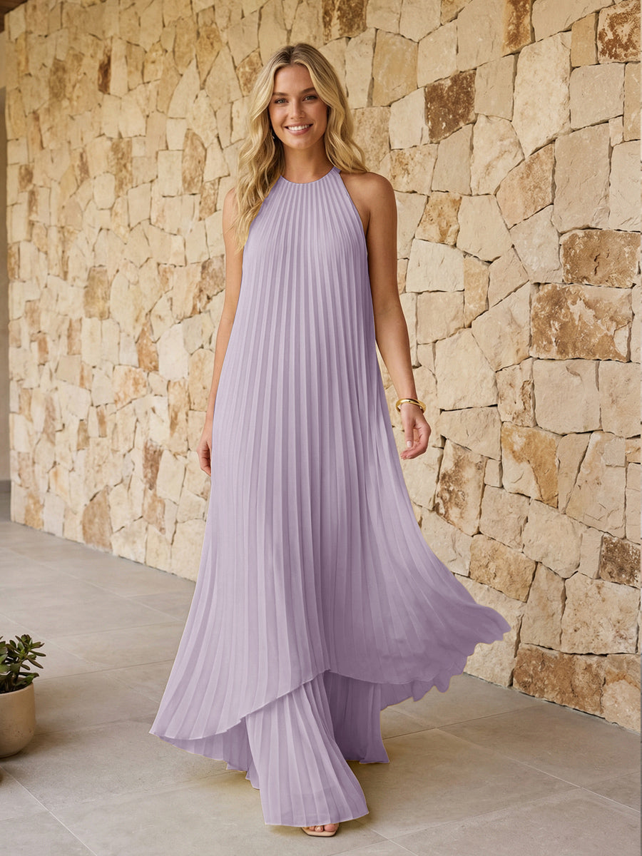 Halter Pleated Chiffon Formal Dresses A Line Maxi Dresses
