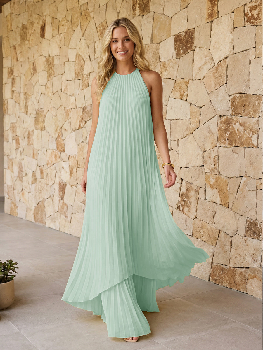 Halter Pleated Chiffon Formal Dresses A Line Maxi Dresses