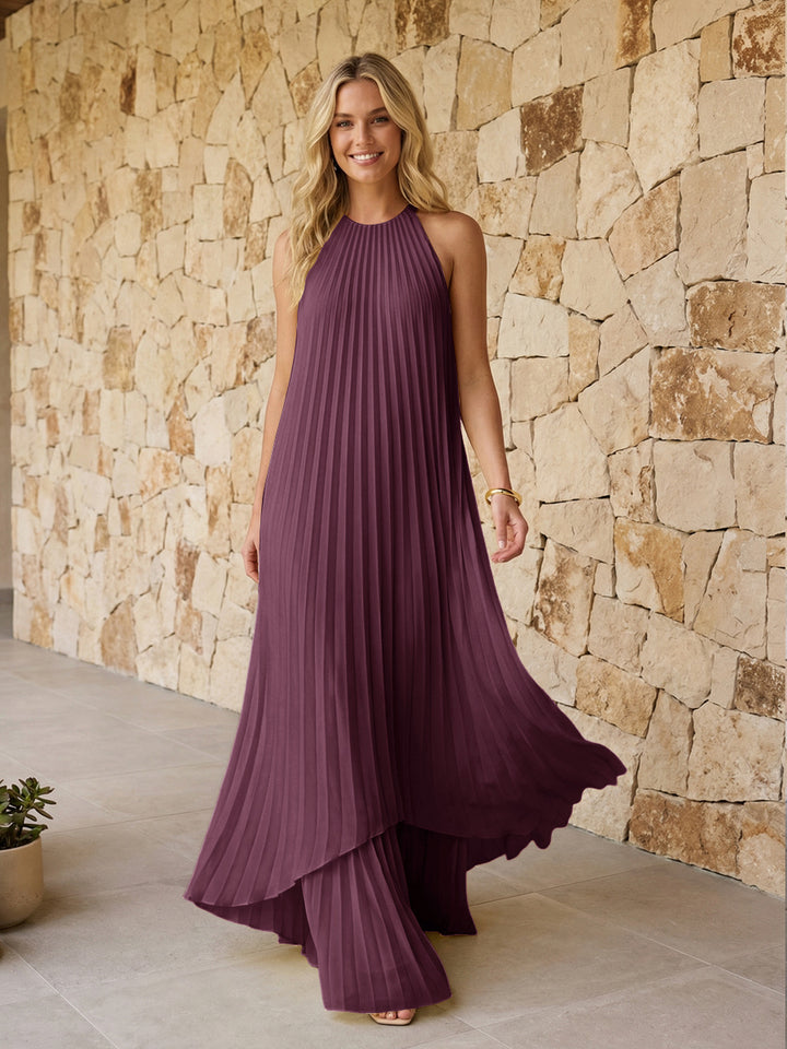 Halter Pleated Chiffon Formal Dresses A Line Maxi Dresses