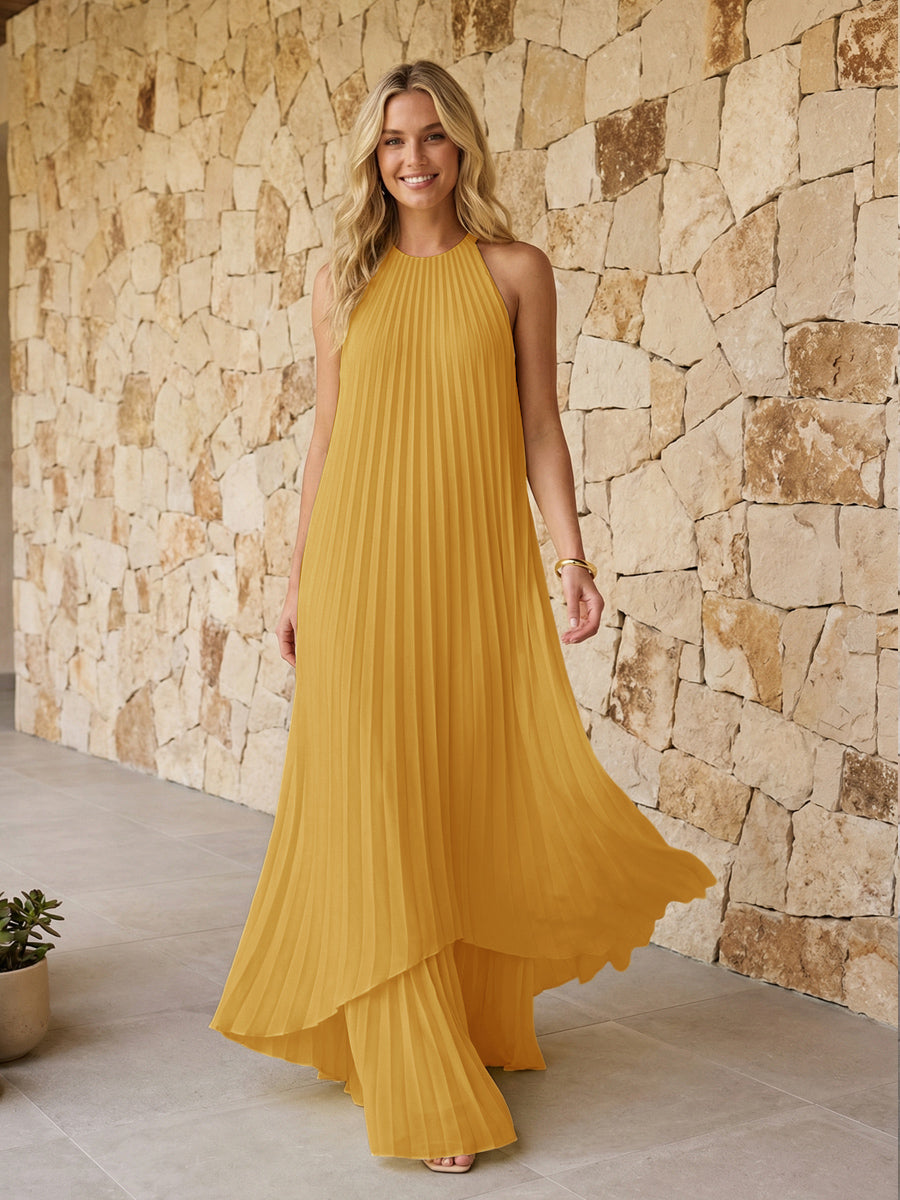 Halter Pleated Chiffon Formal Dresses A Line Maxi Dresses