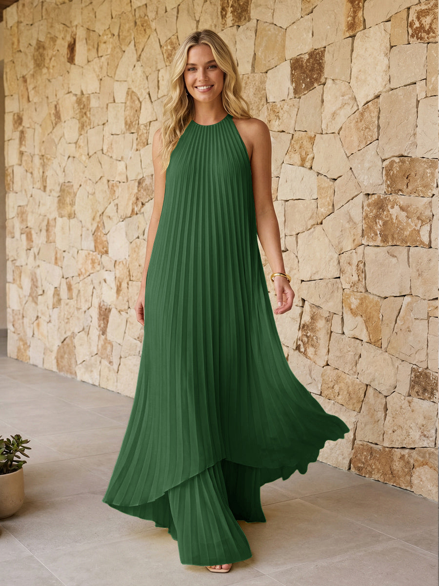 Halter Pleated Chiffon Formal Dresses A Line Maxi Dresses
