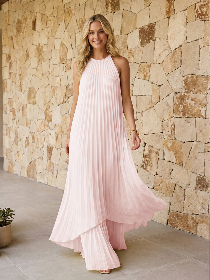 Halter Pleated Chiffon Formal Dresses A Line Maxi Dresses