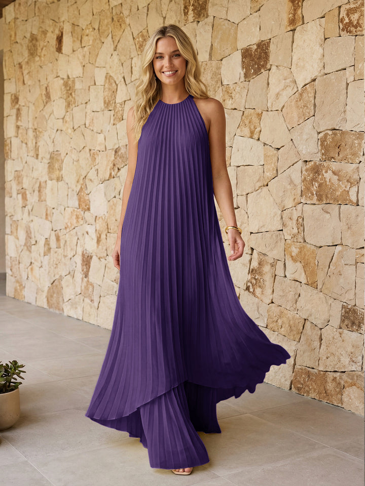 Halter Pleated Chiffon Formal Dresses A Line Maxi Dresses