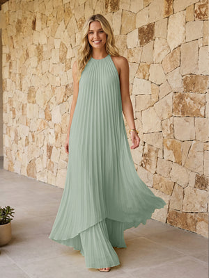 Halter Pleated Chiffon Bridesmaid Dresses A Line Maxi Dresses