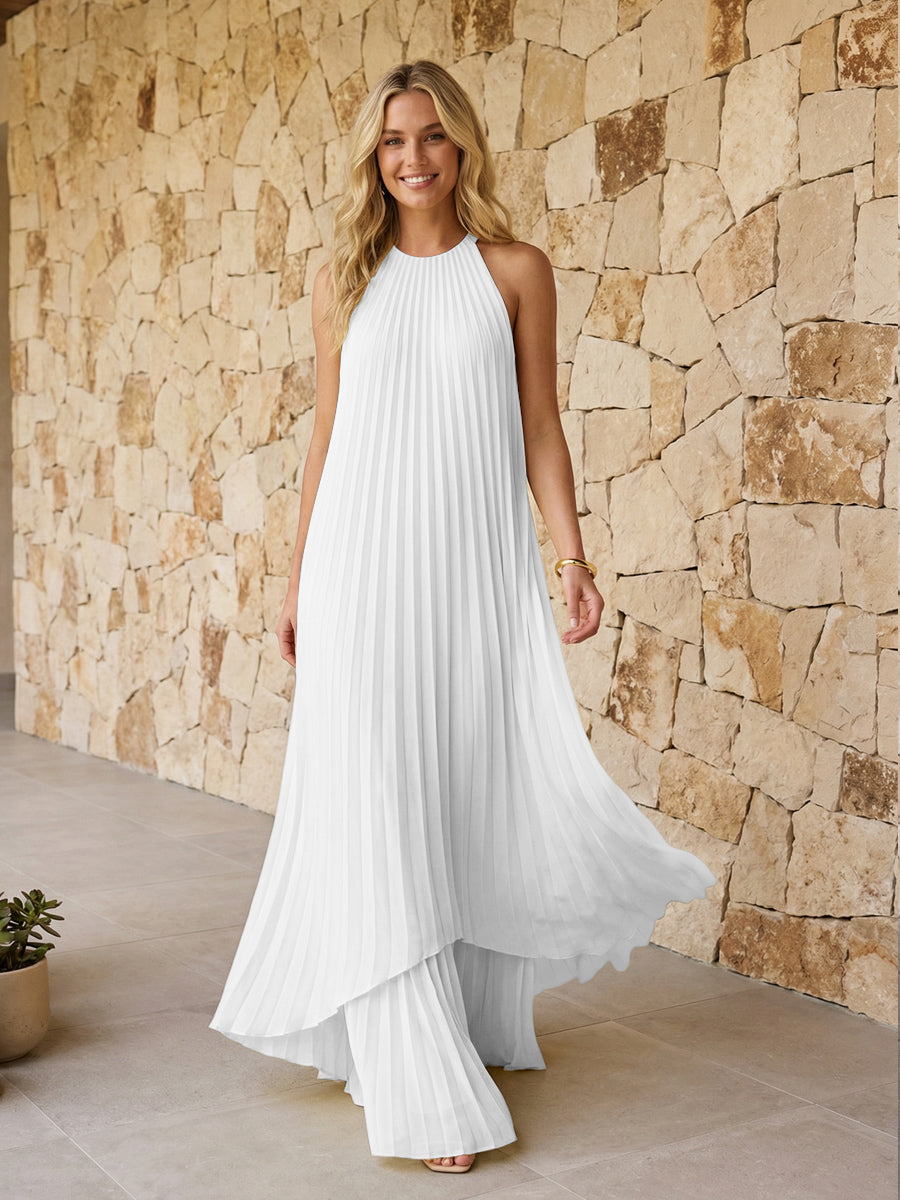 Halter Pleated Chiffon Formal Dresses A Line Maxi Dresses
