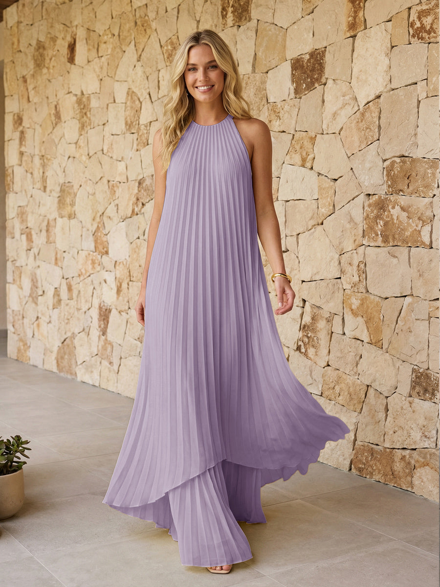 Halter Pleated Chiffon Formal Dresses A Line Maxi Dresses