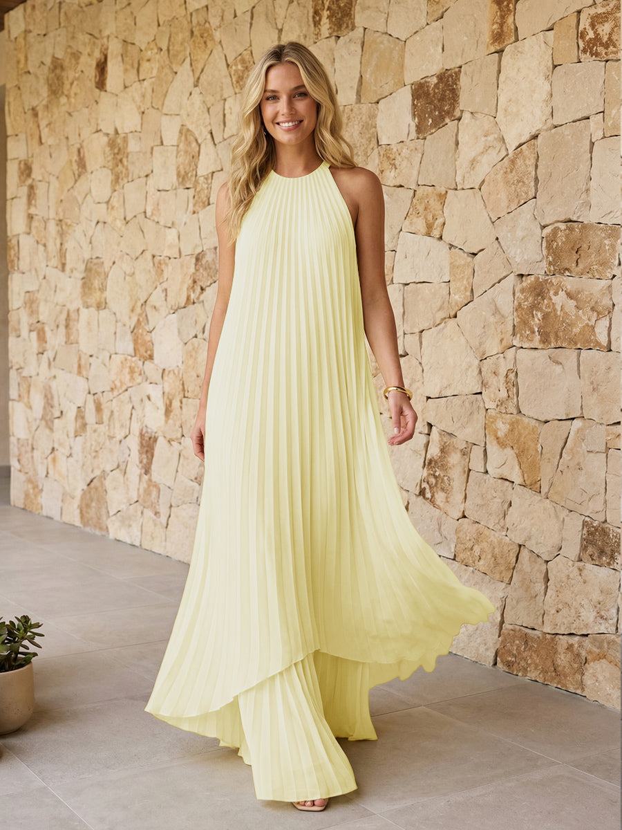 Halter Pleated Chiffon Formal Dresses A Line Maxi Dresses