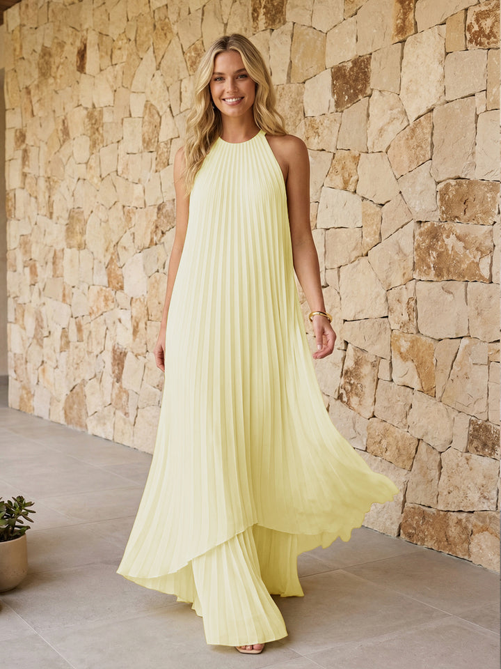 Halter Pleated Chiffon Formal Dresses A Line Maxi Dresses