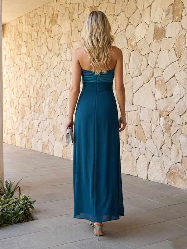 Strapless Pleated Chiffon Bridesmaid Dresses with Slit