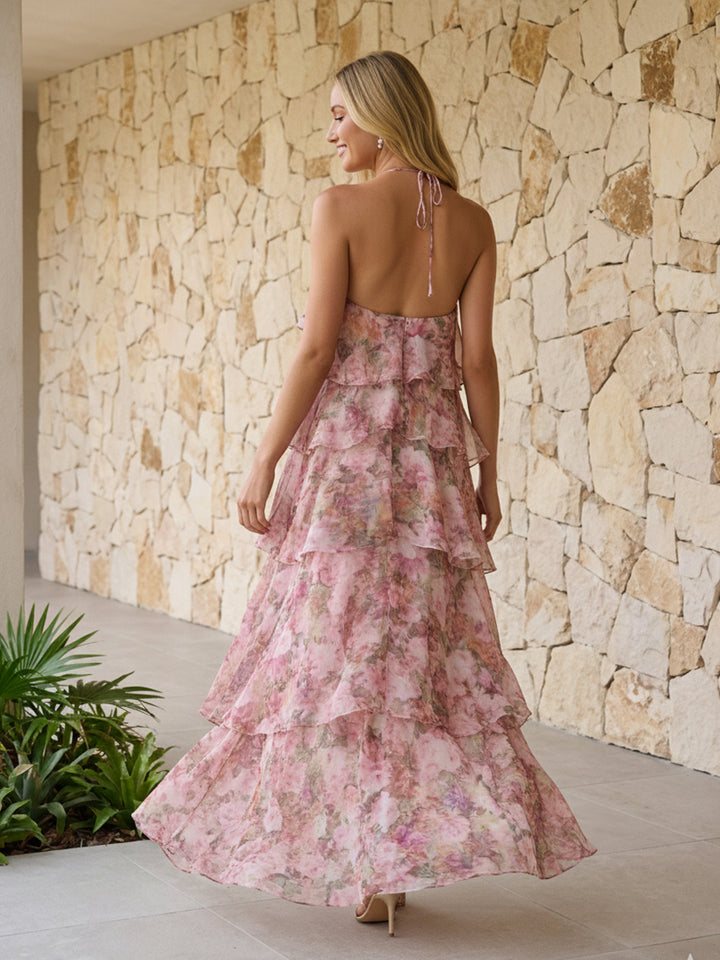 Halter Floral Chiffon Wedding Guest Dresses Layered