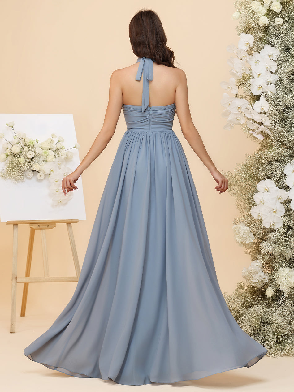 Lightweight Chiffon Halter Layered Ruffles Ruched Waist A-Line Pleated Maxi Bridesmaid Dresses with Slit