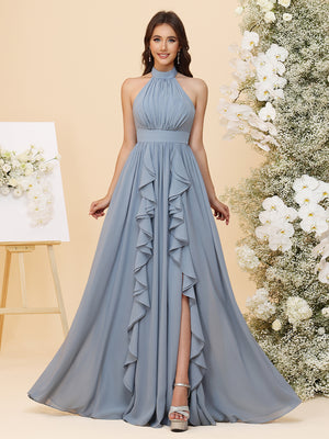 Lightweight Chiffon Halter Layered Ruffles Ruched Waist A-Line Pleated Maxi Bridesmaid Dresses with Slit