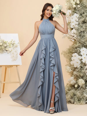 Lightweight Chiffon Halter Layered Ruffles Ruched Waist A-Line Pleated Maxi Bridesmaid Dresses with Slit