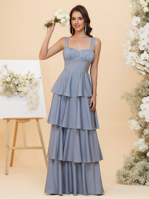 Sweetheart Lightweight Chiffon Blend Ruched Waist Tiered Ruffles Maxi Bridesmaid Dresses with Bow