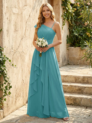Lightweight Chiffon One Shoulder Ruched Waist Asymmetric Ruffles Maxi Bridesmaid Dresses with Slit