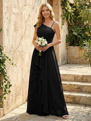 Lightweight Chiffon One Shoulder Ruched Waist Asymmetric Ruffles Maxi Bridesmaid Dresses with Slit