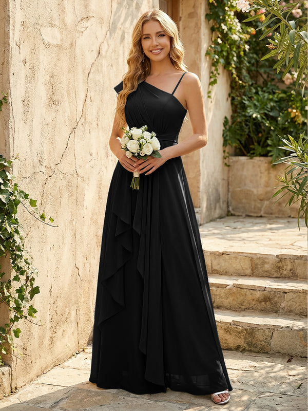 Lightweight Chiffon One Shoulder Ruched Waist Asymmetric Ruffles Maxi Bridesmaid Dresses with Slit