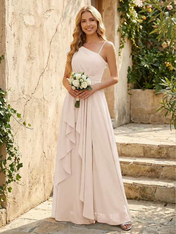 Lightweight Chiffon One Shoulder Ruched Waist Asymmetric Ruffles Maxi Bridesmaid Dresses with Slit