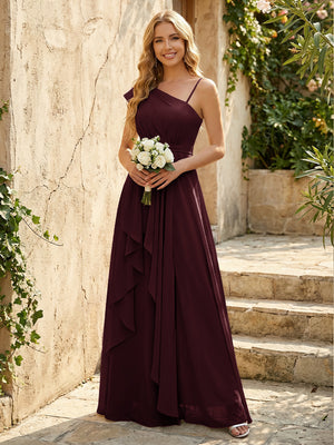 Lightweight Chiffon One Shoulder Ruched Waist Asymmetric Ruffles Maxi Bridesmaid Dresses with Slit
