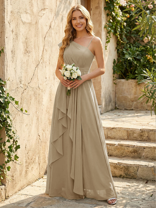 Lightweight Chiffon One Shoulder Ruched Waist Asymmetric Ruffles Maxi Bridesmaid Dresses with Slit
