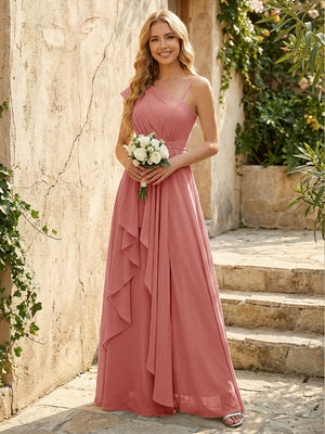 Lightweight Chiffon One Shoulder Ruched Waist Asymmetric Ruffles Maxi Bridesmaid Dresses with Slit