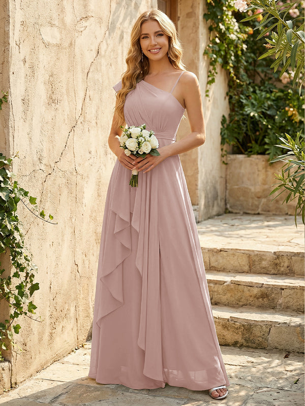 Lightweight Chiffon One Shoulder Ruched Waist Asymmetric Ruffles Maxi Bridesmaid Dresses with Slit
