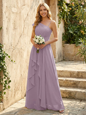 Lightweight Chiffon One Shoulder Ruched Waist Asymmetric Ruffles Maxi Bridesmaid Dresses with Slit