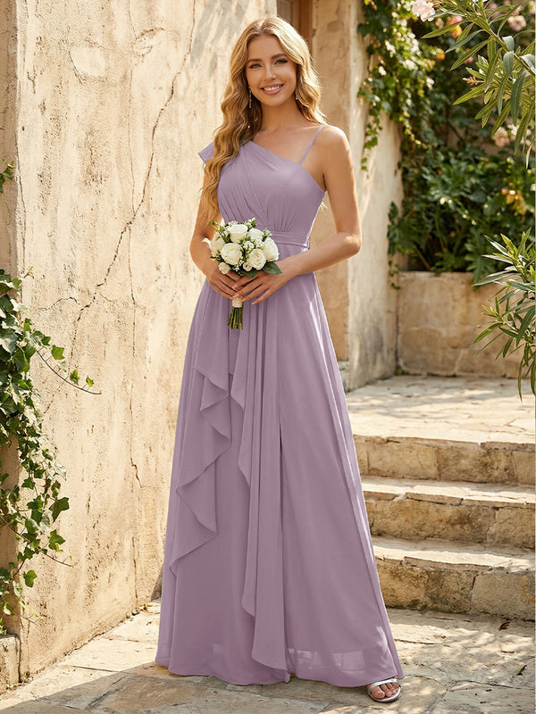 Lightweight Chiffon One Shoulder Ruched Waist Asymmetric Ruffles Maxi Bridesmaid Dresses with Slit