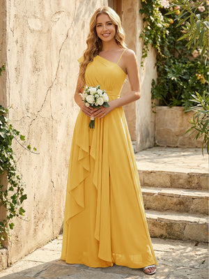 Lightweight Chiffon One Shoulder Ruched Waist Asymmetric Ruffles Maxi Bridesmaid Dresses with Slit