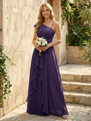 Lightweight Chiffon One Shoulder Ruched Waist Asymmetric Ruffles Maxi Bridesmaid Dresses with Slit