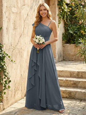 Lightweight Chiffon One Shoulder Ruched Waist Asymmetric Ruffles Maxi Bridesmaid Dresses with Slit