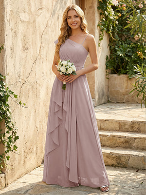 Lightweight Chiffon One Shoulder Ruched Waist Asymmetric Ruffles Maxi Bridesmaid Dresses with Slit