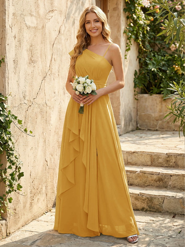 Lightweight Chiffon One Shoulder Ruched Waist Asymmetric Ruffles Maxi Bridesmaid Dresses with Slit